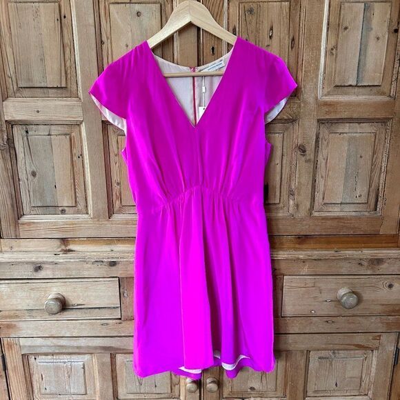 Lavender Brown Dresses & Skirts - Lavender Brown Small Hot Pink Dress Fuschia V-Neck Fit and Flare Silk Barbie NEW